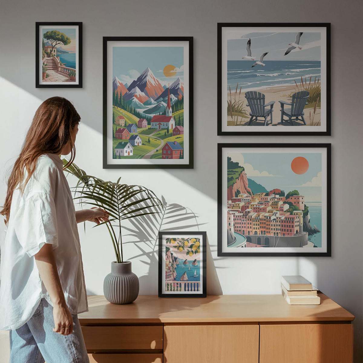 WANDBILDER 5er-Set - 50x50 cm & 20x30 cm & 40x60 cm Schwarzer Rahmen - Pastellfarbene Küstenhäuser - Schwarz, Kunststoff (40/60cm) - ArtPrintCave