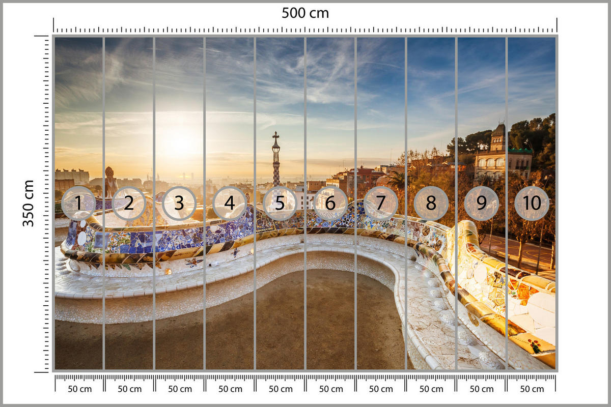 FOTOTAPETE für Wohnzimmer Sonnenaufgang Barcelona Denkmäler 500x350 - Gelb/Beige, Papier (500/350cm) - Muralo