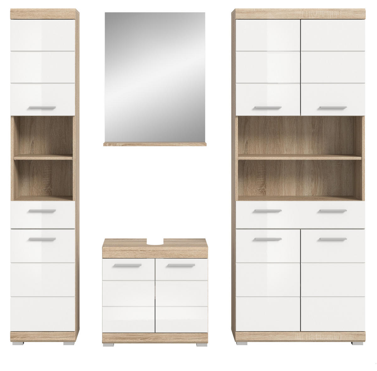 BADMÖBEL-SET weiß Hochglanz, Eiche 4-teilig 186 cm, viel Stauraum - Weiß Hochglanz/Eichefarben, Holzwerkstoff (186/191/34cm) - Inn.Furn