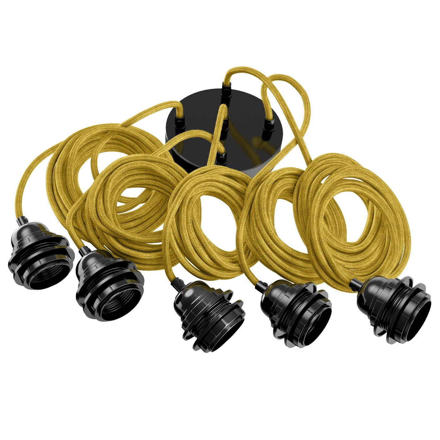 PENDELLEUCHTE Hang 5 Flammig Retro - Gelb, Naturmaterialien (350/1/350cm) - HOOPZI