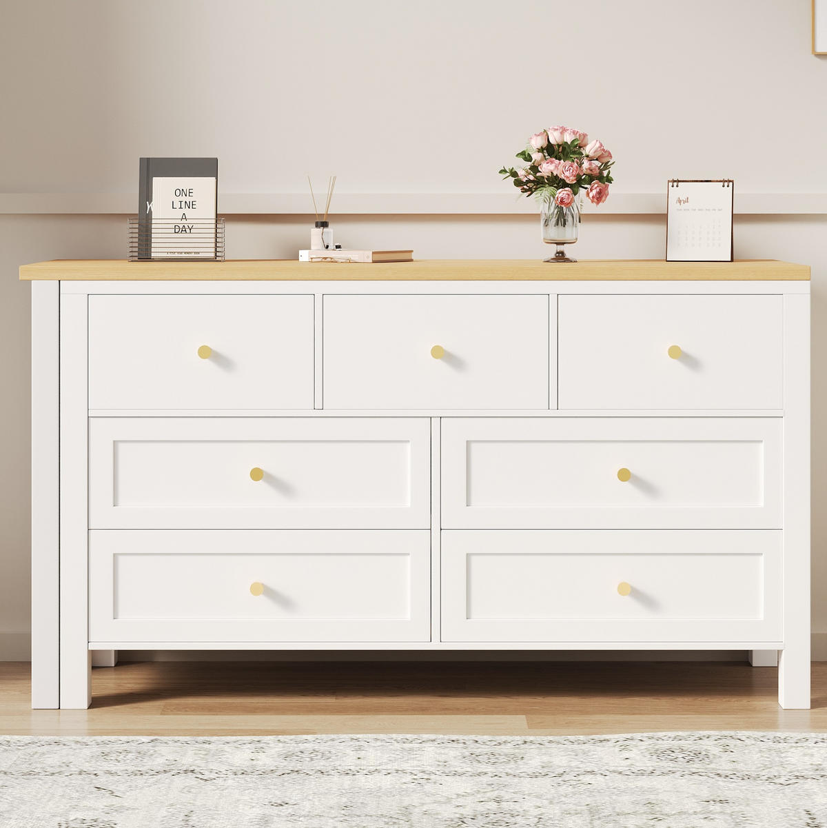 SCHREIBTISCH mit 7 Schubladen in Weiß/Eiche, drehbar und als Eckschreibtisch nutzbar - Naturfarben, Holzwerkstoff (120/40/70cm) - BEAOK