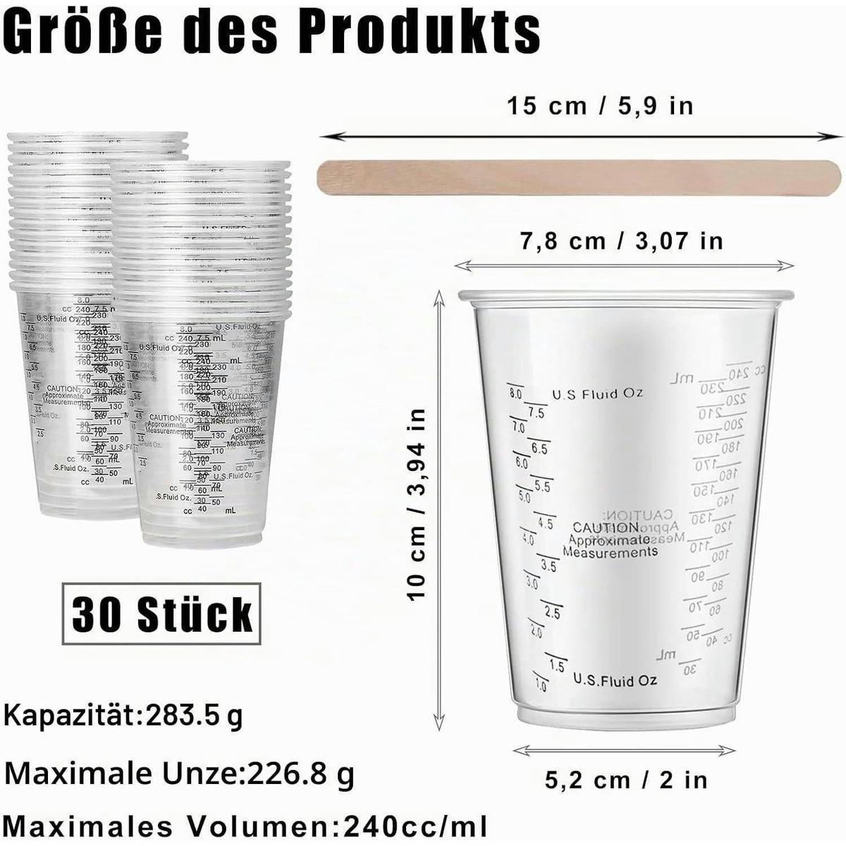 MISCHBECHER 30 Stück 240 ml mit Holzstäbchen - Transparent, Kunststoff (0.24L)