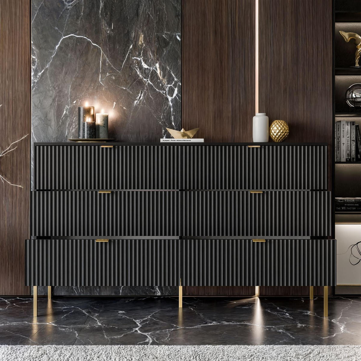 KOMMODE CORTADO GOLD KS154 MIT SCHUBLADEN SCHWARZ - Schwarz, Holzwerkstoff (154/91/39cm) - Lookway