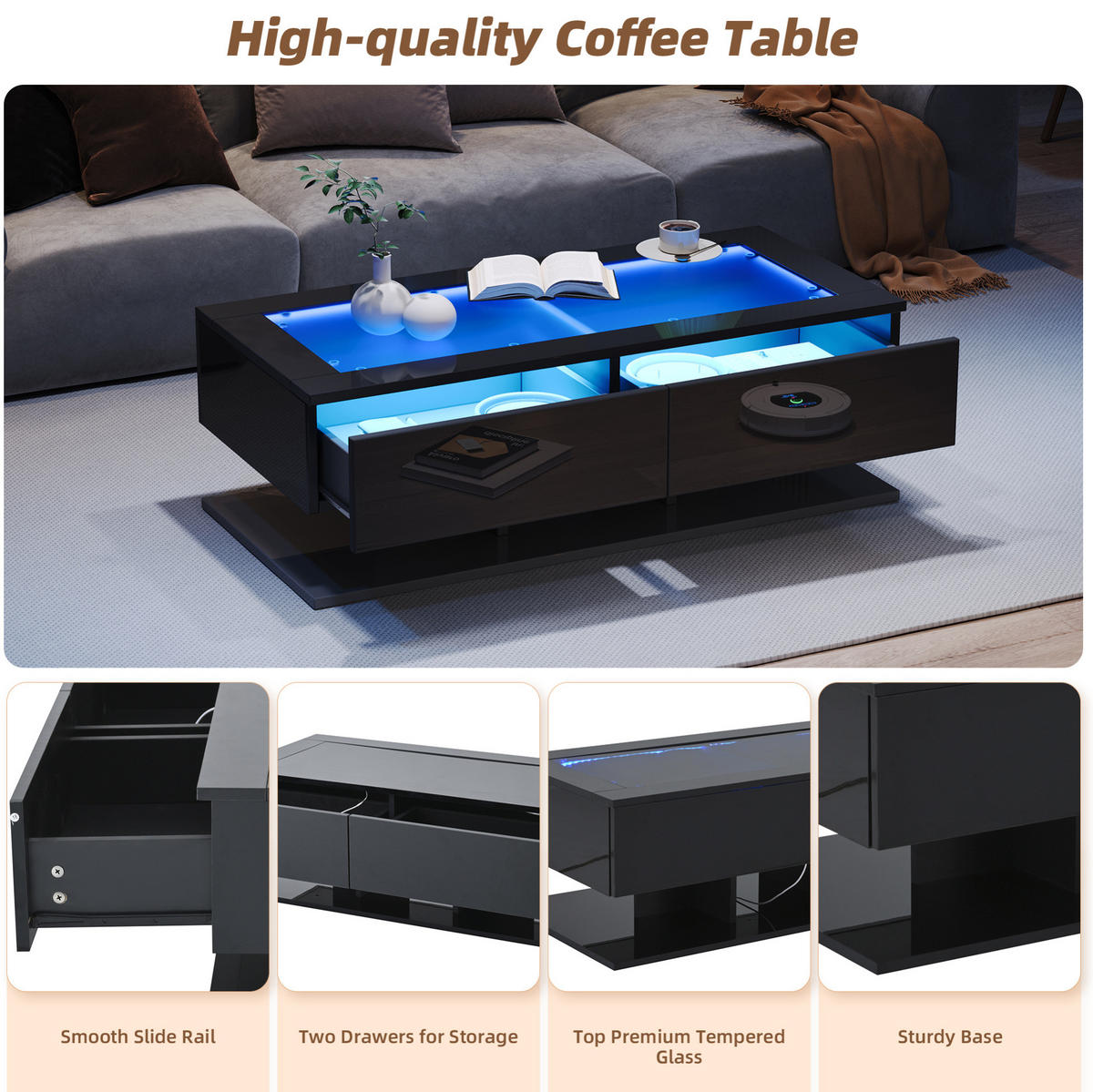 COUCHTISCH 100/50/35 cm schwarz aus Spanplatte und Glas mit LED-Licht - Schwarz, Holzwerkstoff (100/50/35cm) - OKMYHOME
