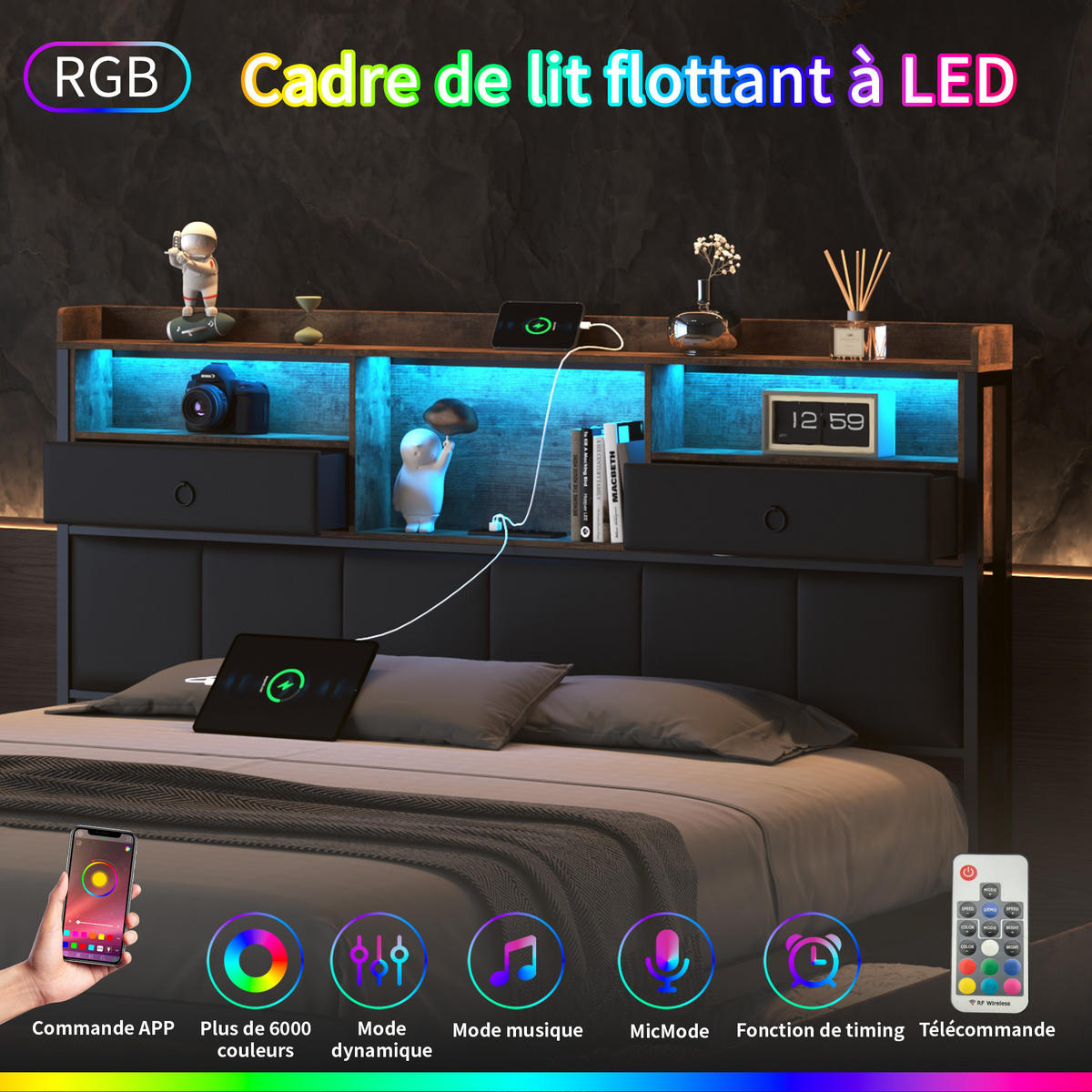 METALLBETT 140x200 cm, 4 Schubladen, LED-Beleuchtung - Schwarz, Textil/Metall (140/200cm)