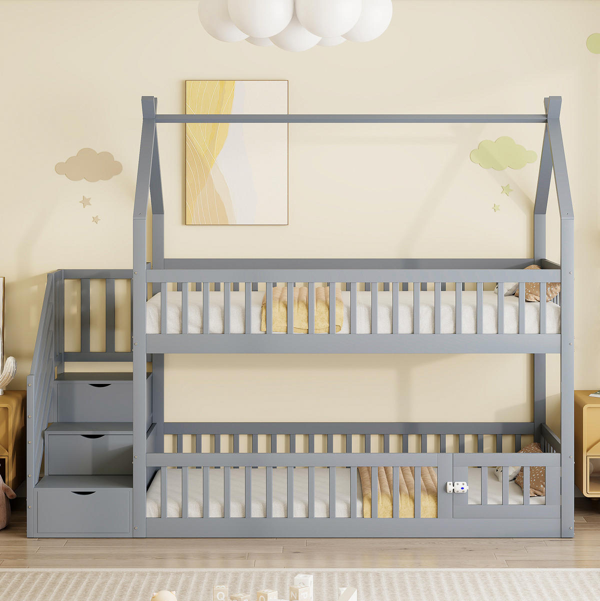 HAUSBETT 90/200 cm Grau mit Dach, Treppe und Schubladen - Grau, Holz (90/200cm) - Flora Grace