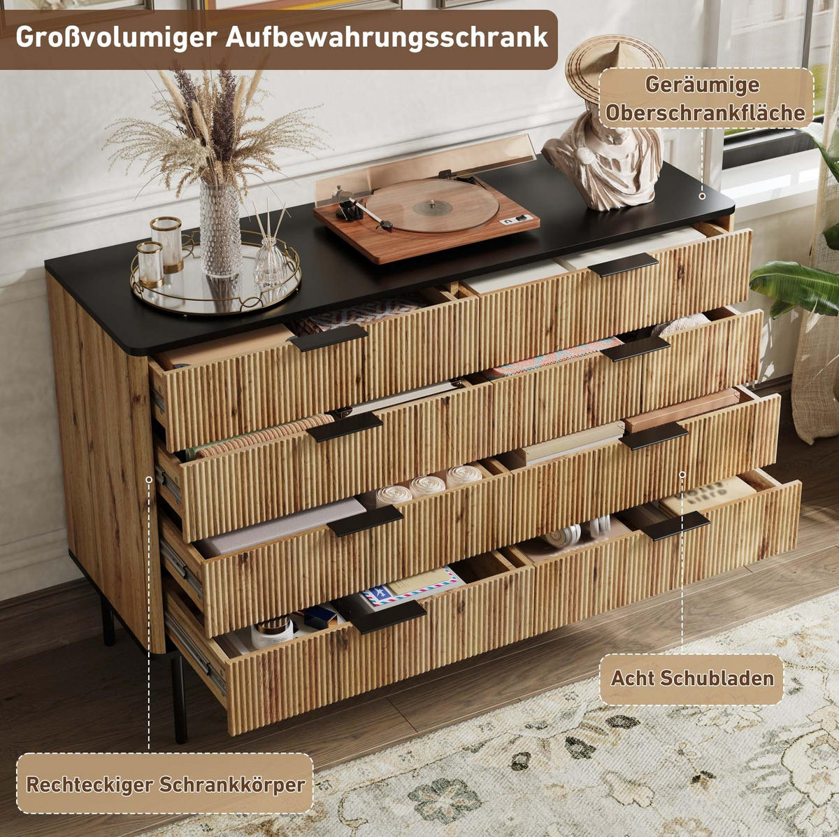 SIDEBOARD 120/39,5/80 cm mit mehreren Schubladen und strukturierter Front aus MDF, Natur/Schwarz - Schwarz, Holzwerkstoff (120/80/39.5cm) - Redom