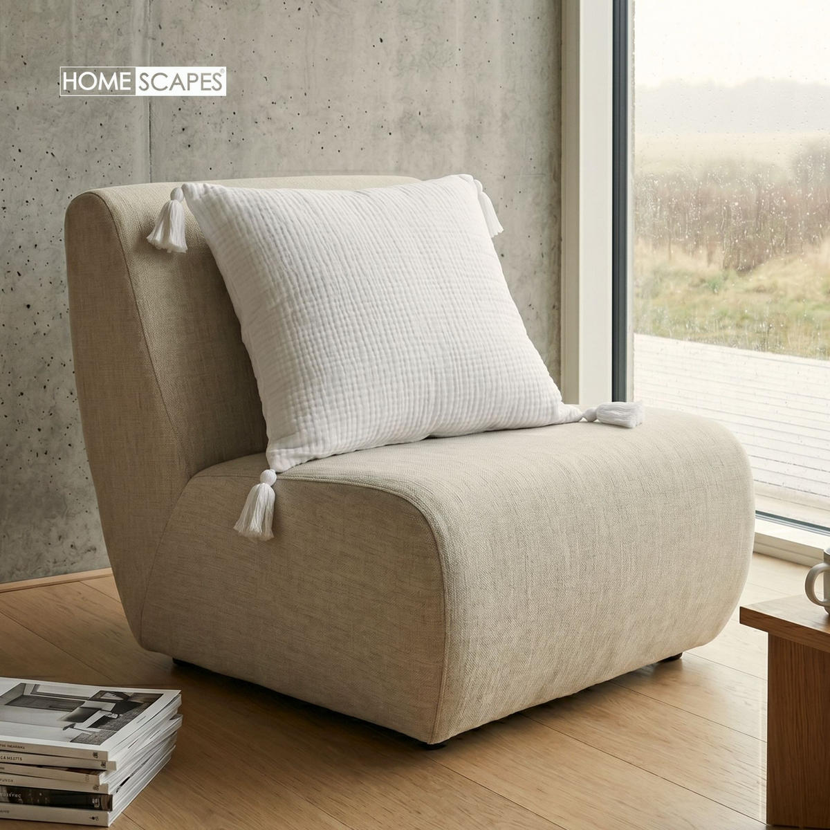 DEKOKISSEN Musselin offwhite mit Quasten, 45/45 cm - Weiß, Textil (45/45cm) - Homescapes