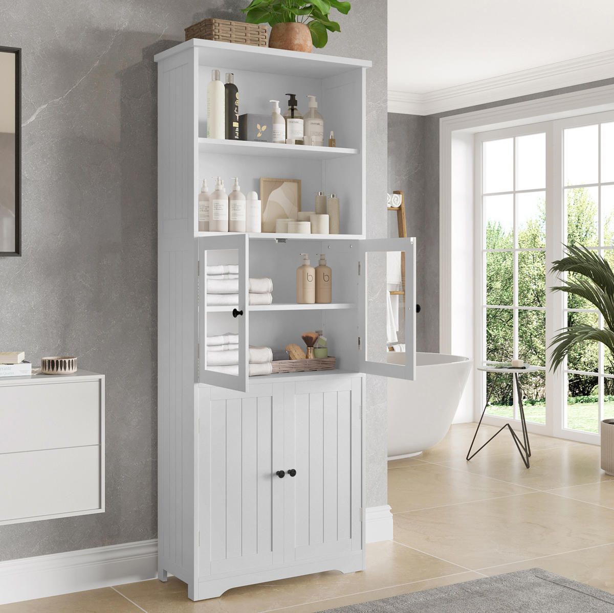 HOCHSCHRANK aus lackiertem MDF mit Glastür und verstellbaren Einlegeböden, 57,5/28,5/160 cm, Weiß - Weiß, Holzwerkstoff (57.4/160/28.5cm) - Redom