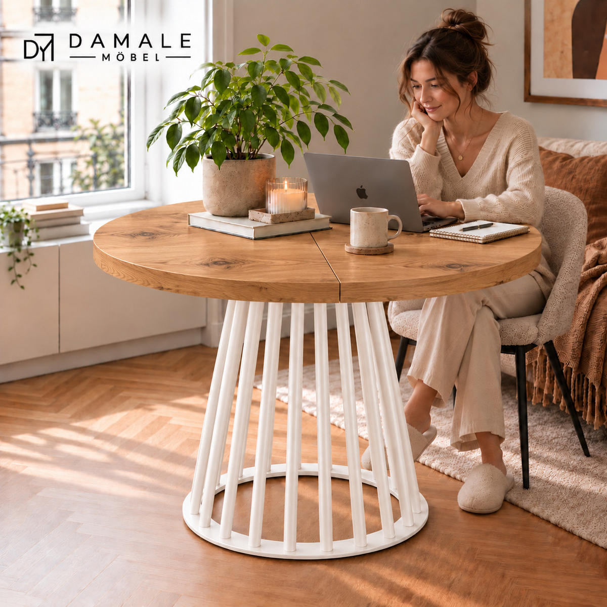 ESSTISCH rund ausziehbar 90/190/76 cm, Eiche Craft, 54 cm Tischplatte + Lamellen-Metallgestell Weiß - Eichefarben/Weiß, Holzwerkstoff/Metall (90/190/76cm) - Damale Möbel