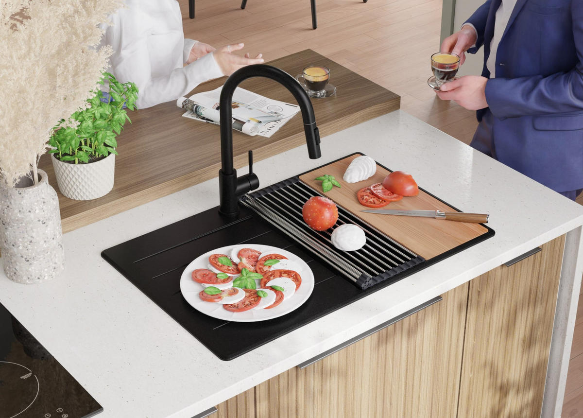 SPÜLBECKEN Kopenhagen, 2-er set Schwarz 78/50 cm 1 Becken + Ablauf-Set + Schneidebrett ab 50er Unterschrank - Chromfarben/Beige, Kunststoff (78/20/50cm) - Primagran