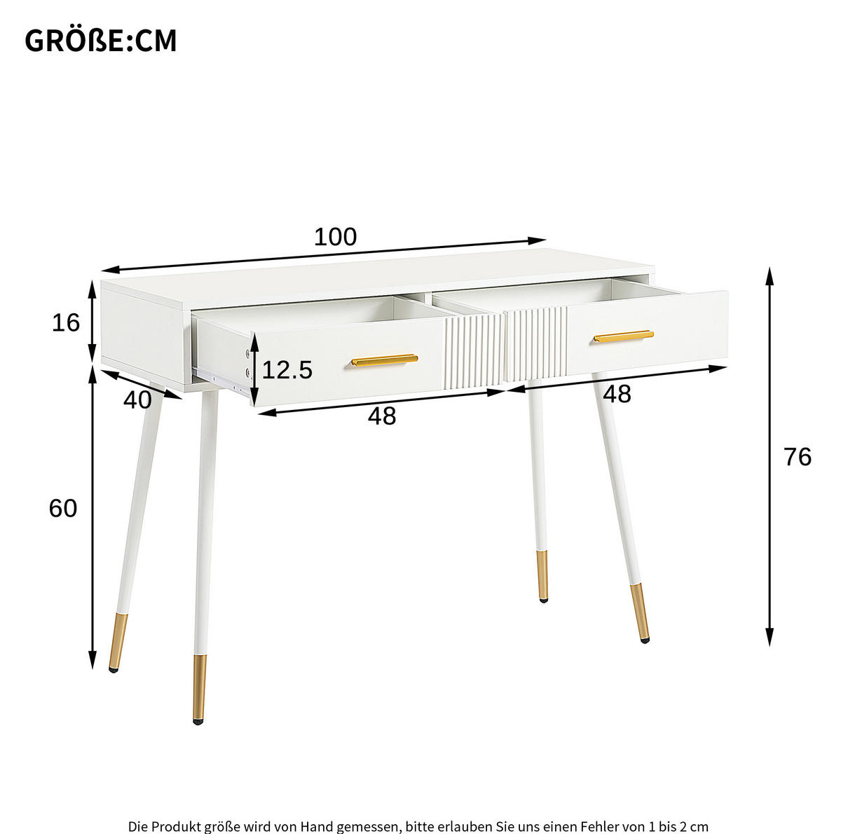 STOL za šminkanje, 100/40/76 cm, MDF bijeli, s 2 ladice - bijela, drvni materijal (40/76/100cm) - BEAOK