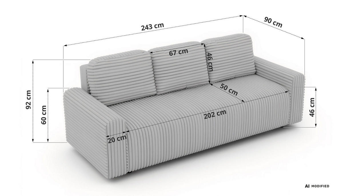 3-SITZER-SOFA NESSARO - Braun Cord - Schwarz/Braun, Kunststoff/Textil (243/92/90cm) - MKS