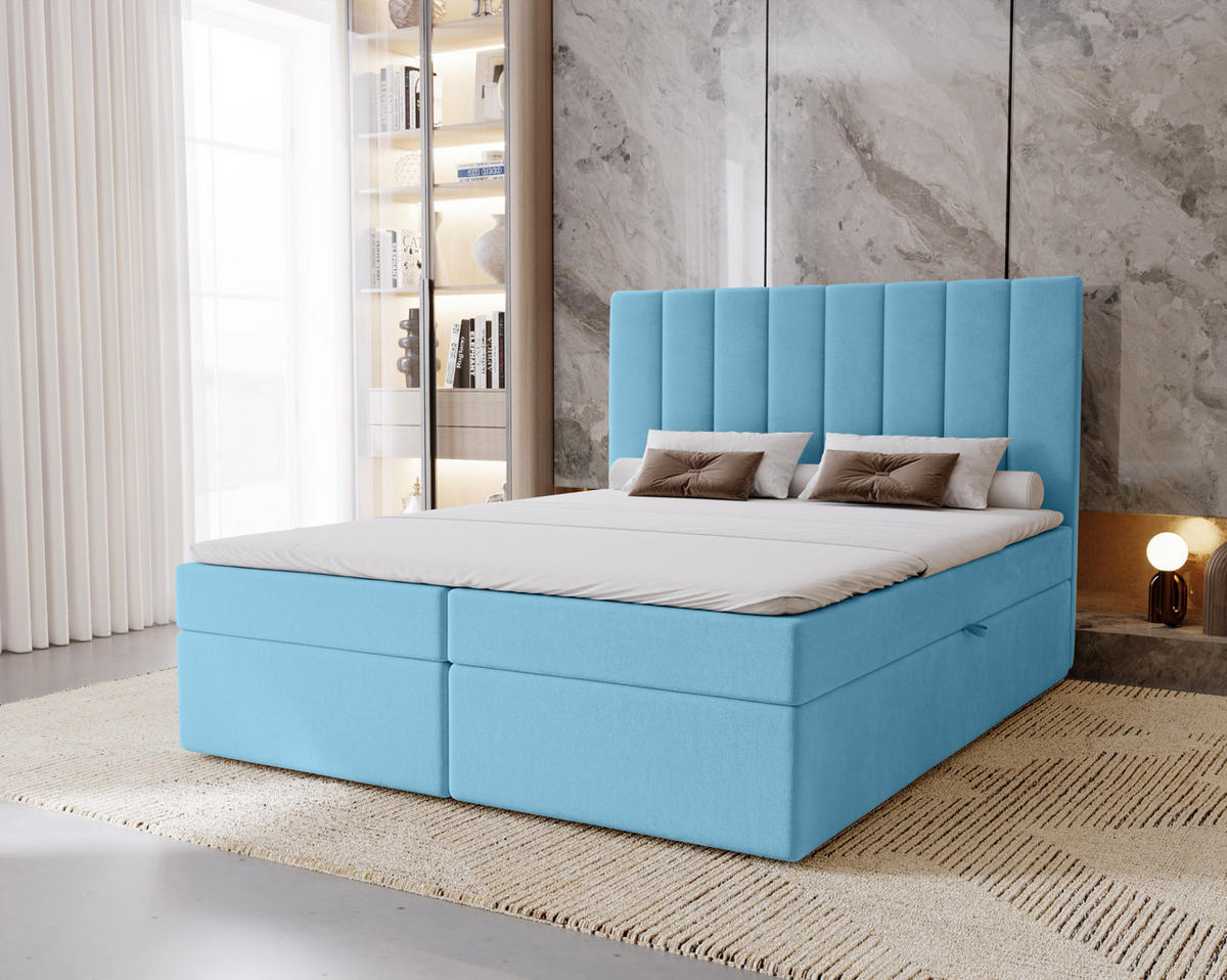 BOXBETT Nero mit 2 Bettkästen, 120x200, Blau, Velourstoff, Doppelbett mit Bonell-Matratze - Blau, Holz/Kunststoff (120/200cm) - Marpur