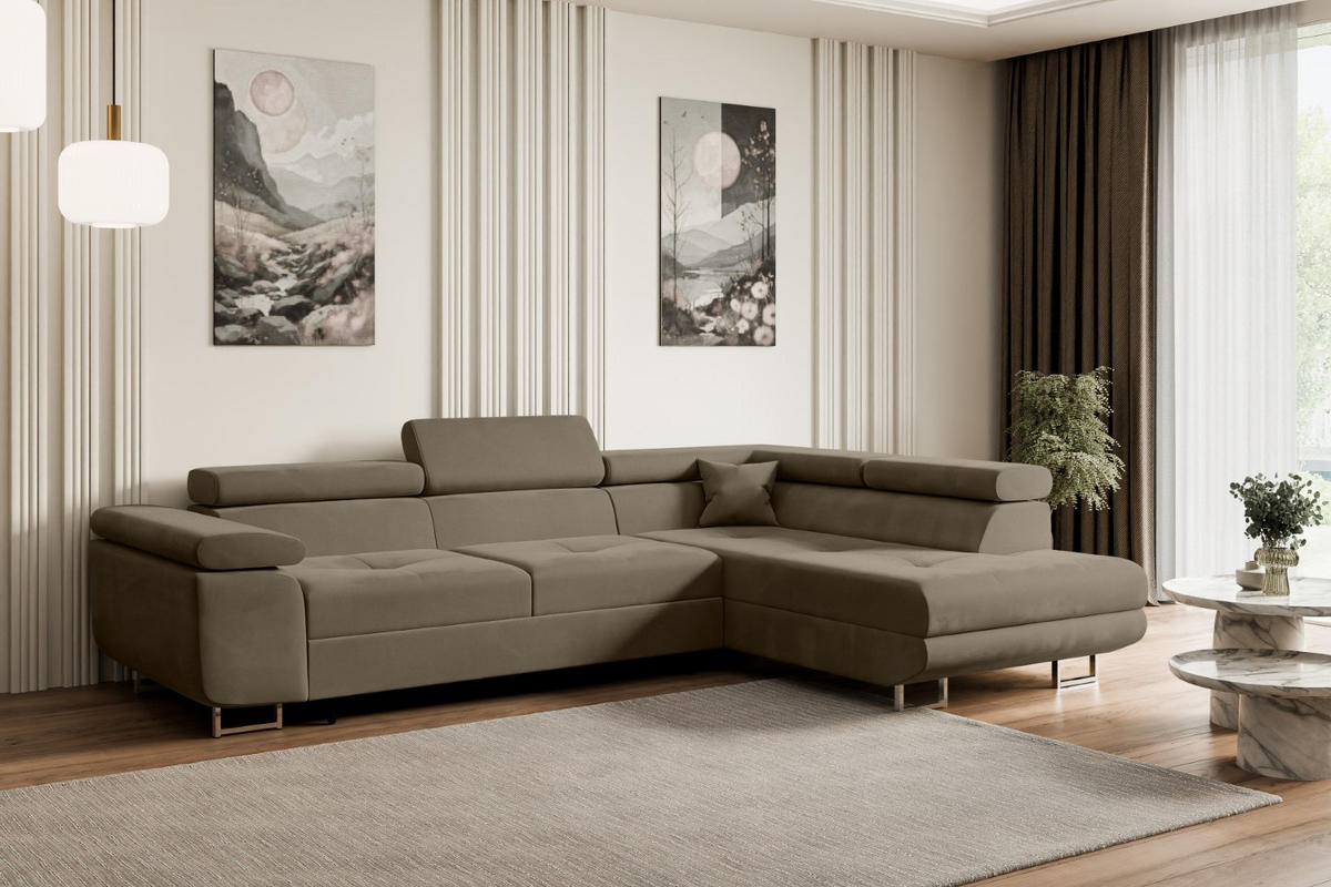 ECKSOFA mit Schlaffunktion und Bettkasten GUSA-L 272x202x107 cm Braun Velours - Silberfarben/Braun, Holzwerkstoff/Textil (272/202cm) - ALTDECOR