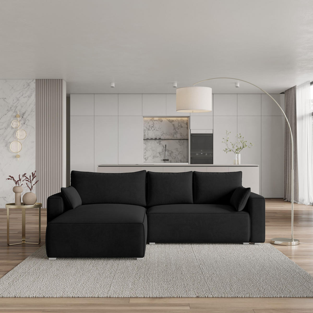 ECKSOFA FORIL Schwarz Velours-Stoff mit Schlaffunktion - Schwarz, Holz (265/178cm) - MASSENO