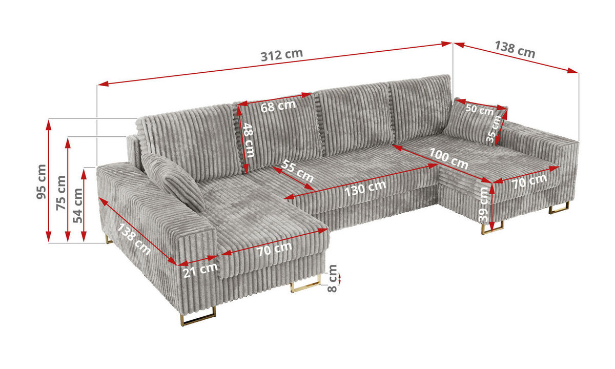 WOHNLANDSCHAFT DORIAN U Cord Hellgrau - Goldfarben/Hellgrau, Textil/Metall (312/95/138cm) - MKS