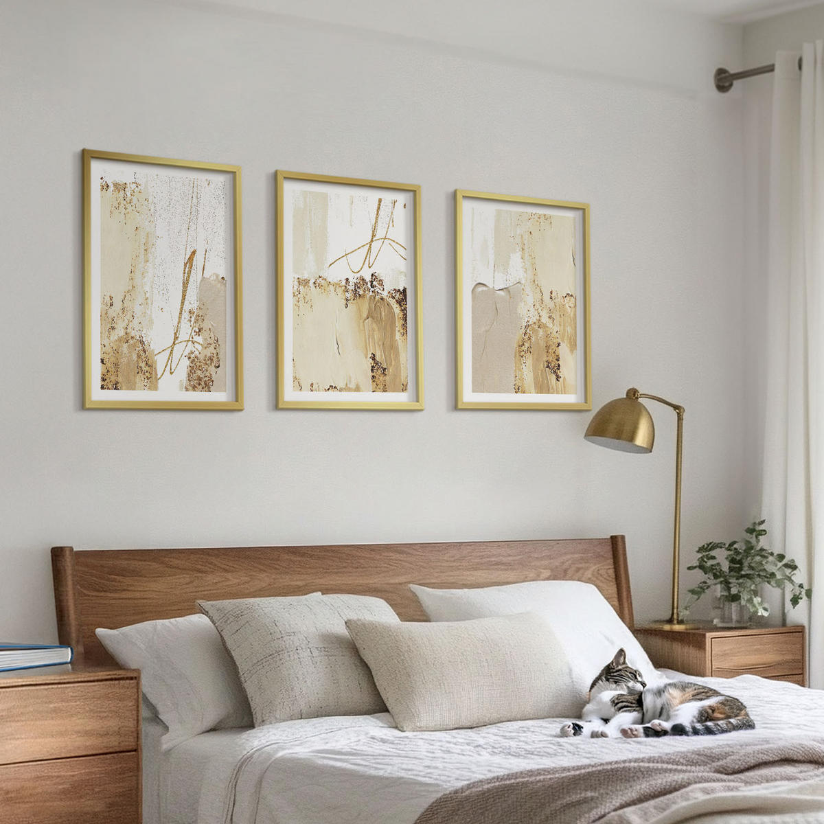 BILDER SET 3er Set - 40x60 cm Goldrahmen - Abstrakte Muster beige weiß - Goldfarben, Kunststoff (40/60cm) - TULUP