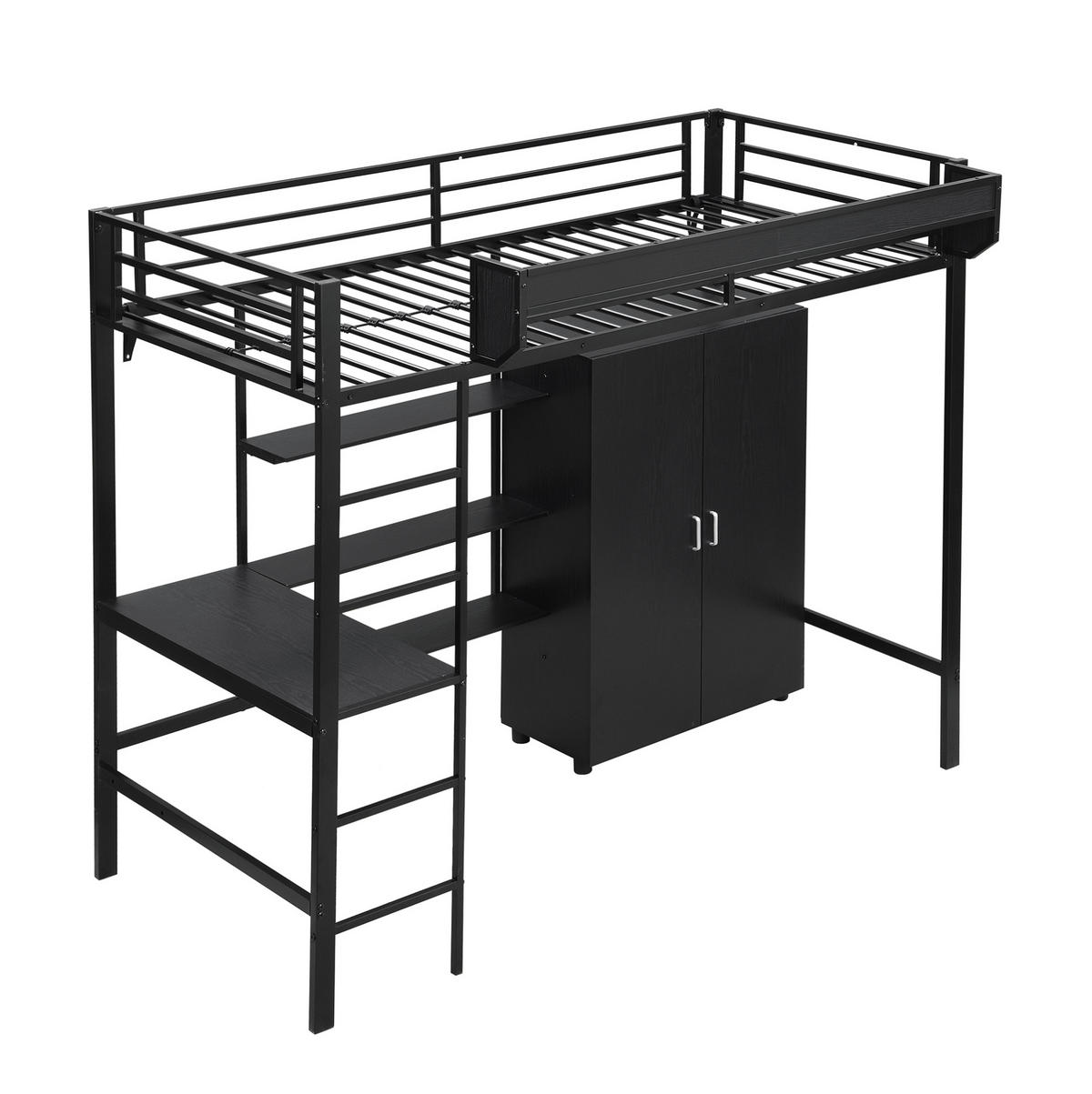 ETAGENBETT 90/200 cm in Schwarz mit Tisch und Kleiderschrank - Weiß, Metall - BEAOK