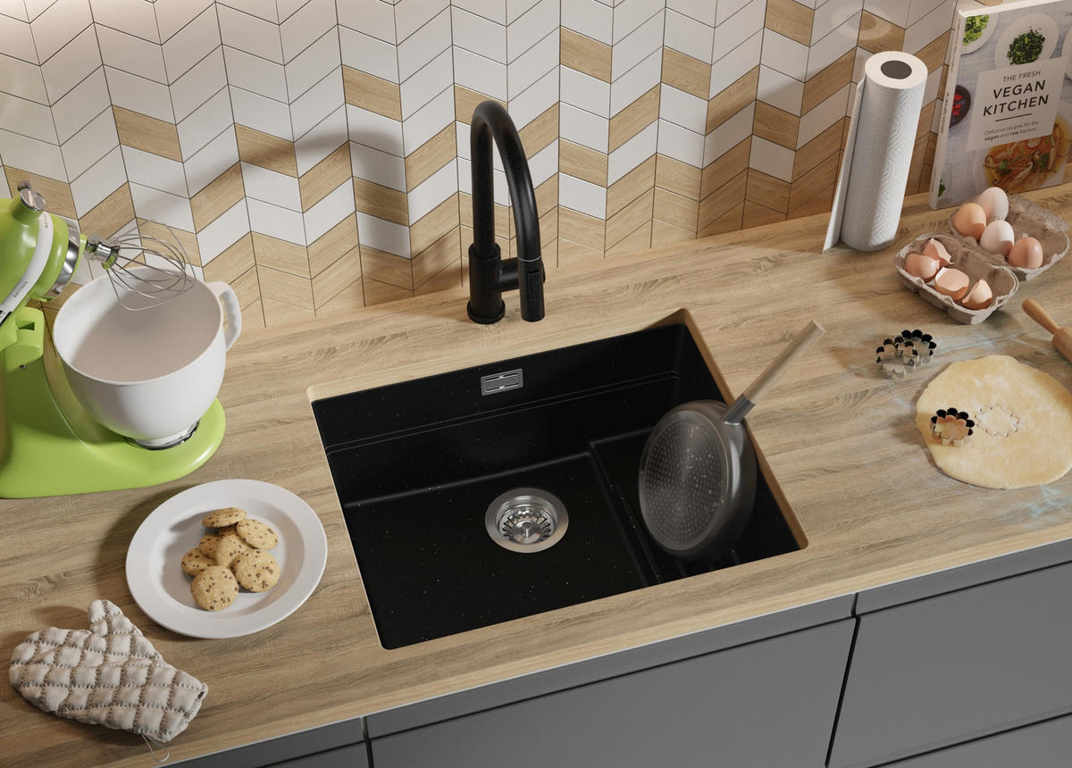 UNTERBAUSPÜLE GRANIT Praga, 2-er set Schwarz Metallic 56/47 cm 1 Becken + Ablauf-Set + Aufrollbare Abtropffläche ab 60er Unterschrank - Chromfarben/Schwarz Hochglanz, Kunststoff (56/20/47cm) - Primagran