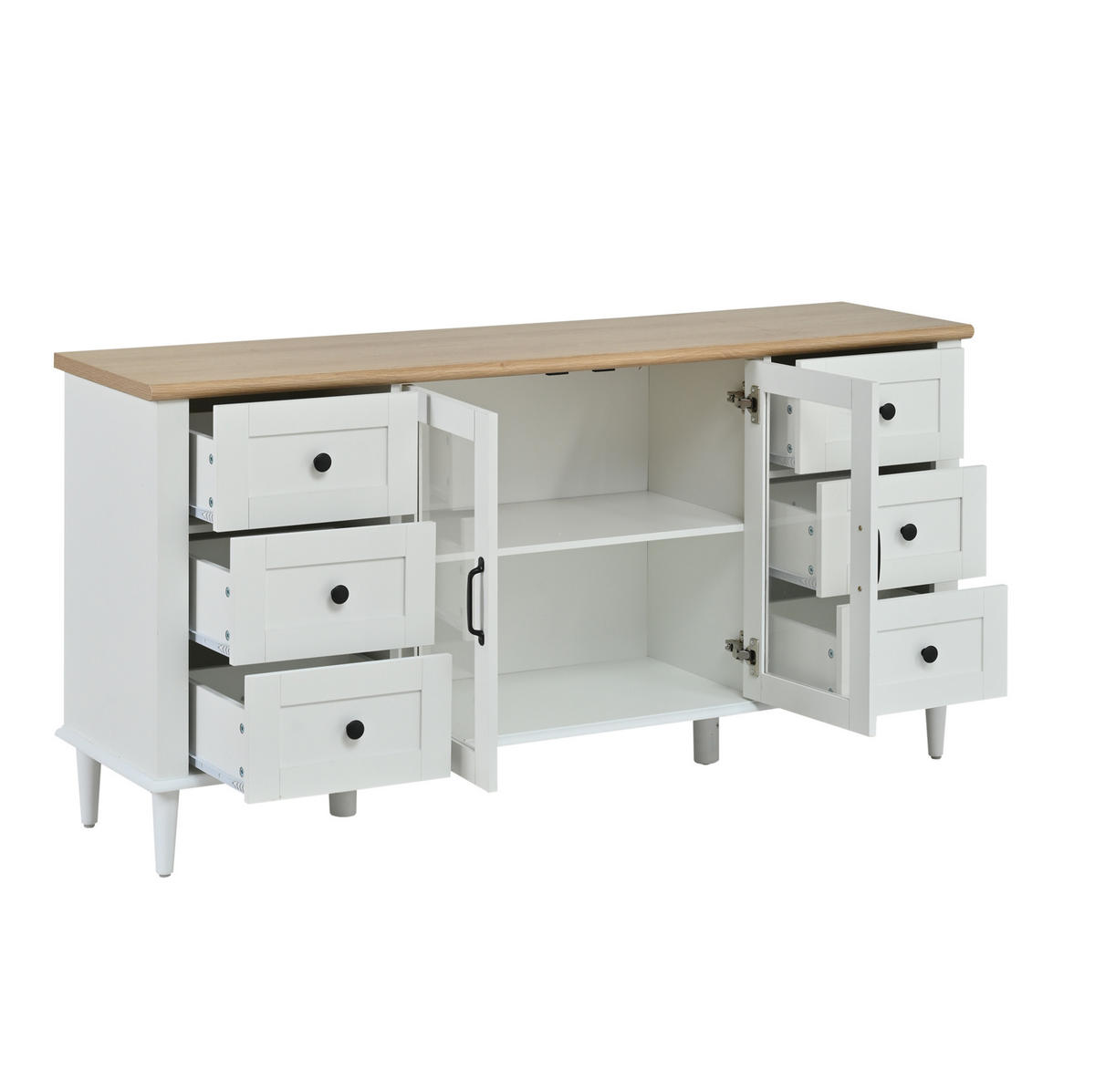 KOMODA 150/40/75 cm biela a v dekore dreva z MDF s LED osvetlením, 6 zásuvkami a akrylovými dvierkami - biela, kompozitné drevo (150/75/40cm) - OKWISH