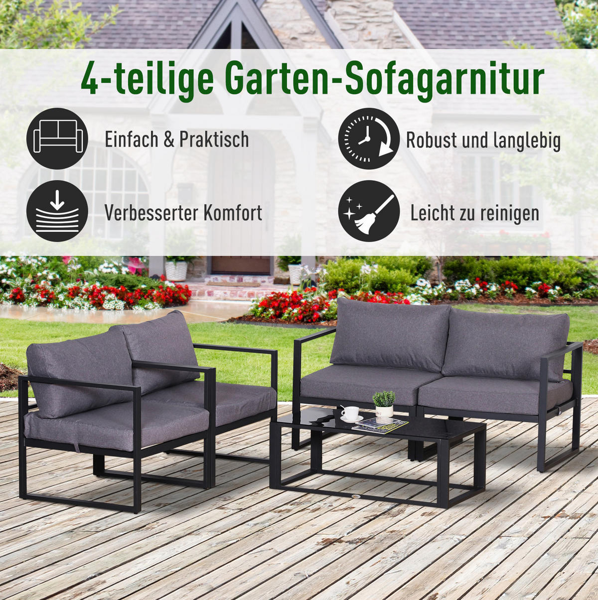 GARTENSET aus Aluminium 138x69x63 cm Grau mit verstellbarer Kombination und Tisch mit ESG-Glasplatte - Grau, Metall - Modfu