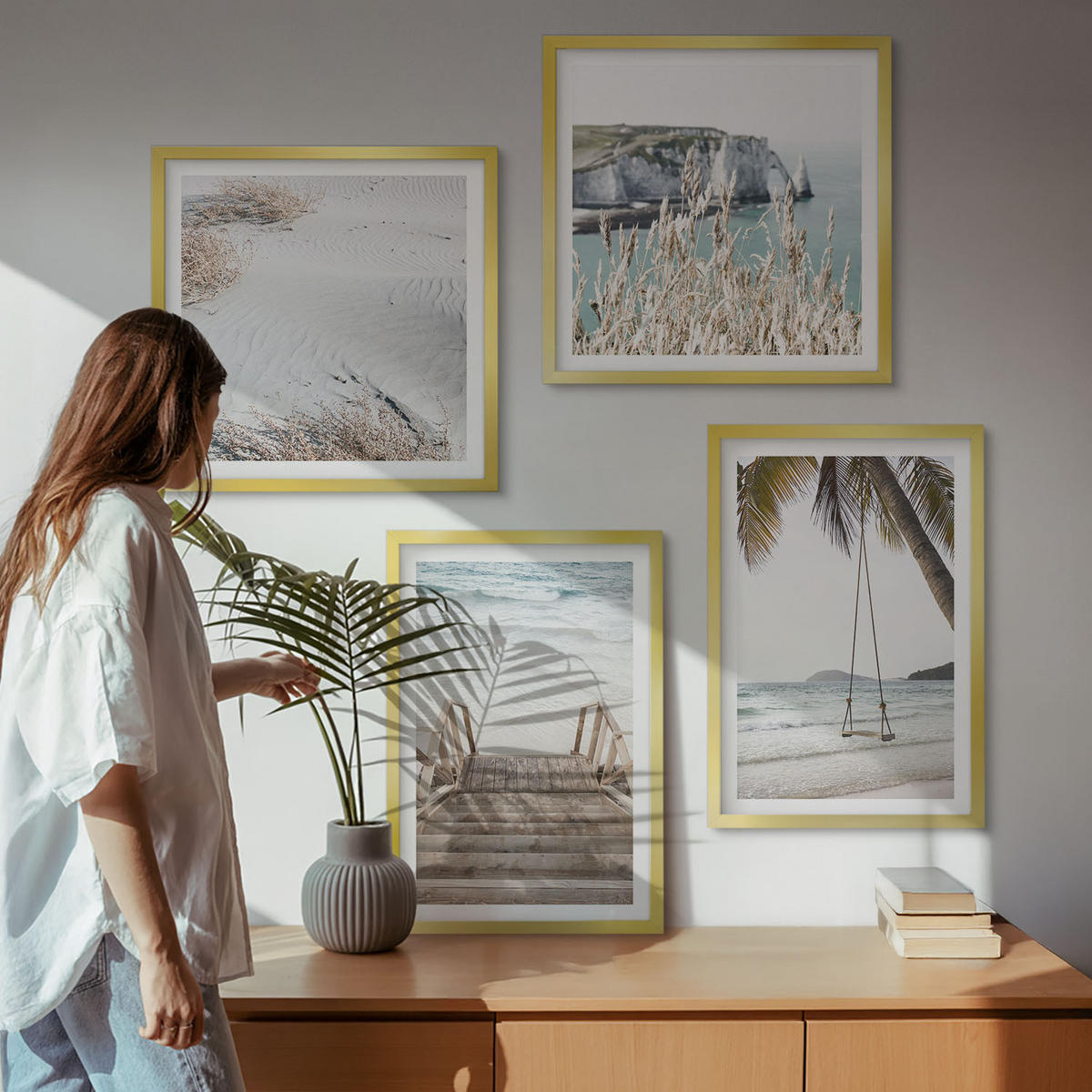 WANDBILDER 4er Set - 50x50 cm & 40x60 cm Goldrahmen - Strandtreppe Schaukel Meer - Goldfarben, Kunststoff (50/50cm) - ArtPrintCave