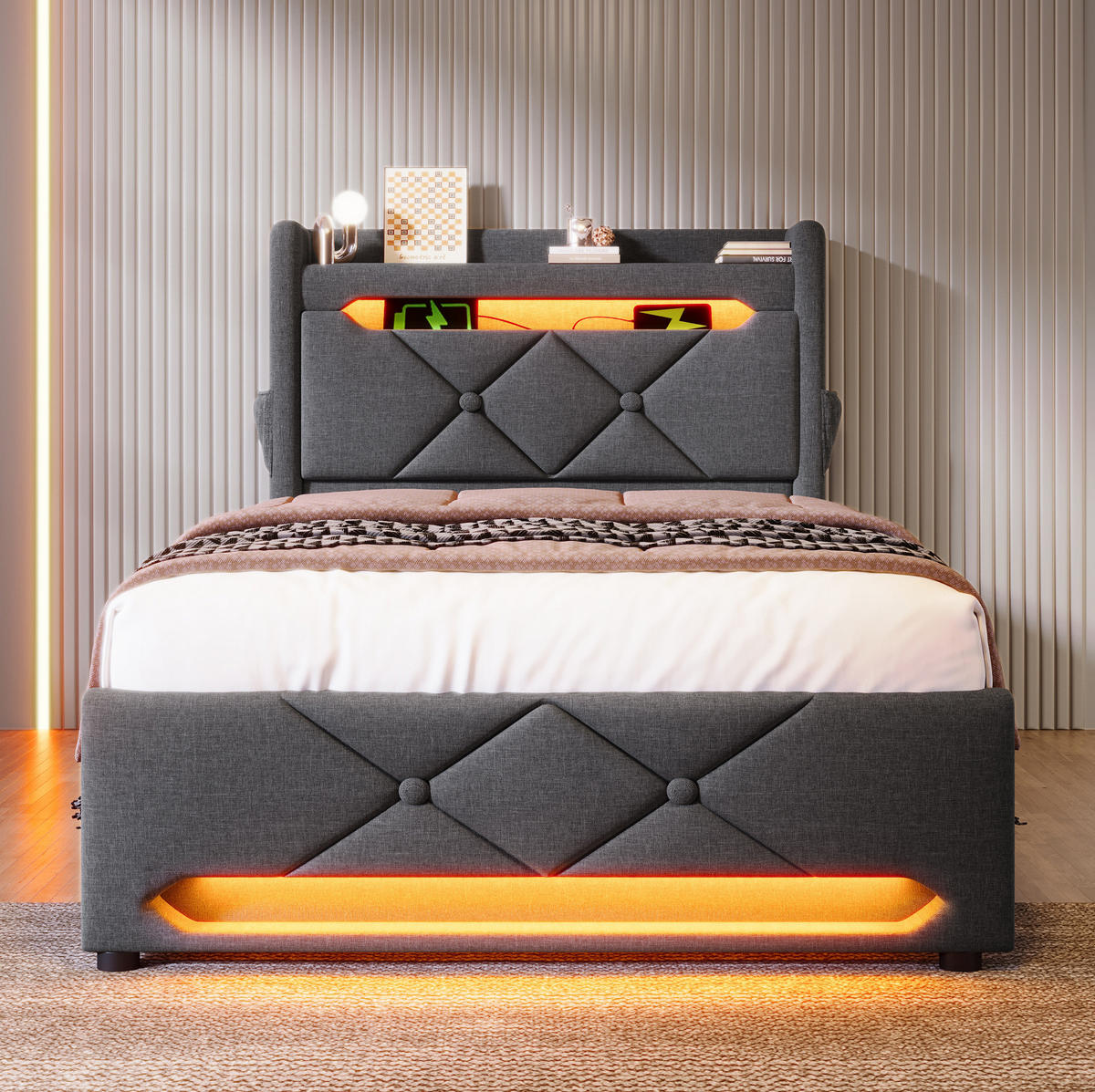 POLSTERBETT mit LED, USB und Stauraum 90x200 cm Grau inkl. Matratze - Grau, Metall (90/200cm) - Meubliv