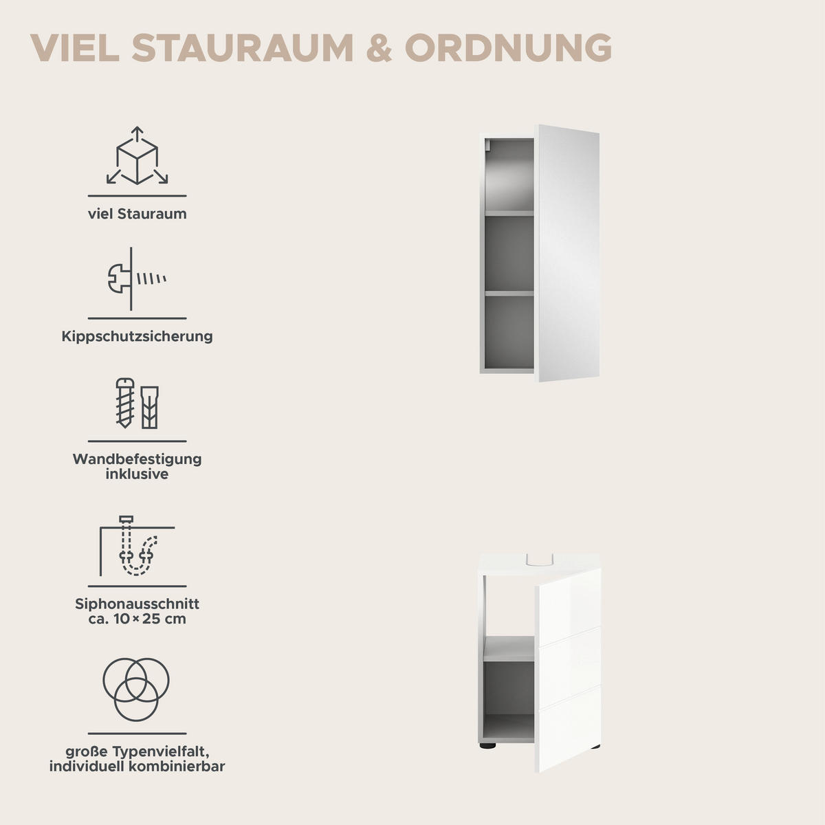 BADKOMBINATION 2tlg. Vira Bad in weiß Melamin und weiß hochglanz B/H/T: 38x190x34 cm - Weiß, Holz (38/190/34cm)