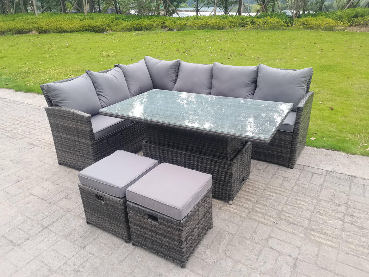 GARTENMÖBEL SET mit höhenverstellbarer Tisch Polyrattan Dunkelgrau 8-Sitzer - Dunkelgrau/Grau, Glas/Kunststoff - Fimous