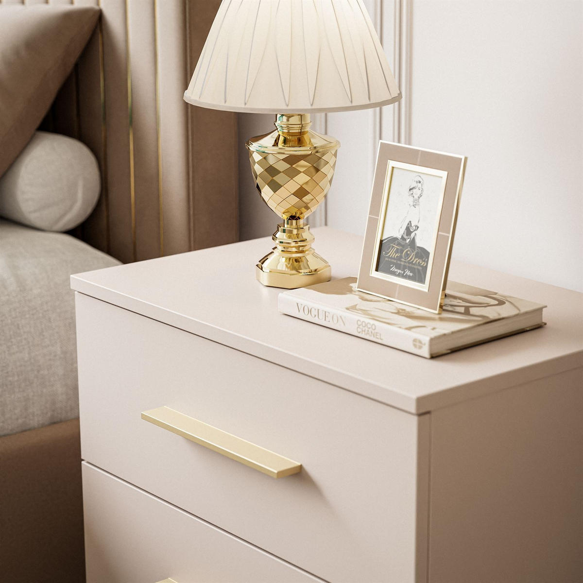 NACHTTISCH LINA KASCHMIR mit LED-Beleuchtung, goldenen Beinen und Griffen - Kaschmir, Holzwerkstoff (55/52/37cm) - Lookway