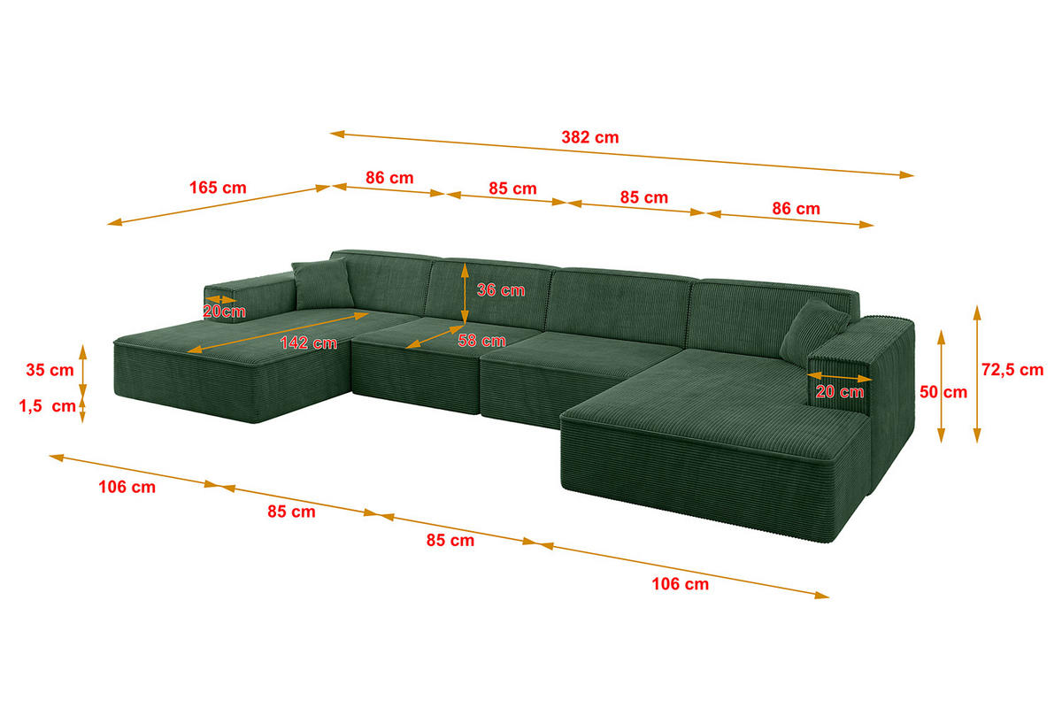 WOHNLANDSCHAFT IREA-U2-v4 - 382x165x72,5 cm Grün - Grün, Holzwerkstoff/Textil (382/72/165cm) - ALTDECOR
