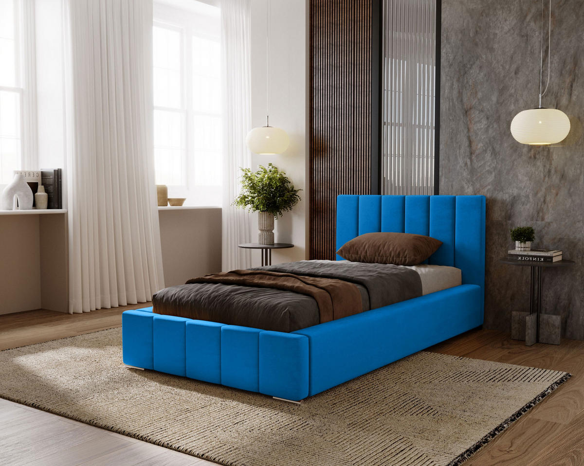 POLSTERBETT Nero 90x200 cm, Einzelbett mit Bettkasten, Lattenrost und Matratze aus Holz, Velourstoff: Blau - Blau, Holz/Kunststoff (90/200cm) - Marpur