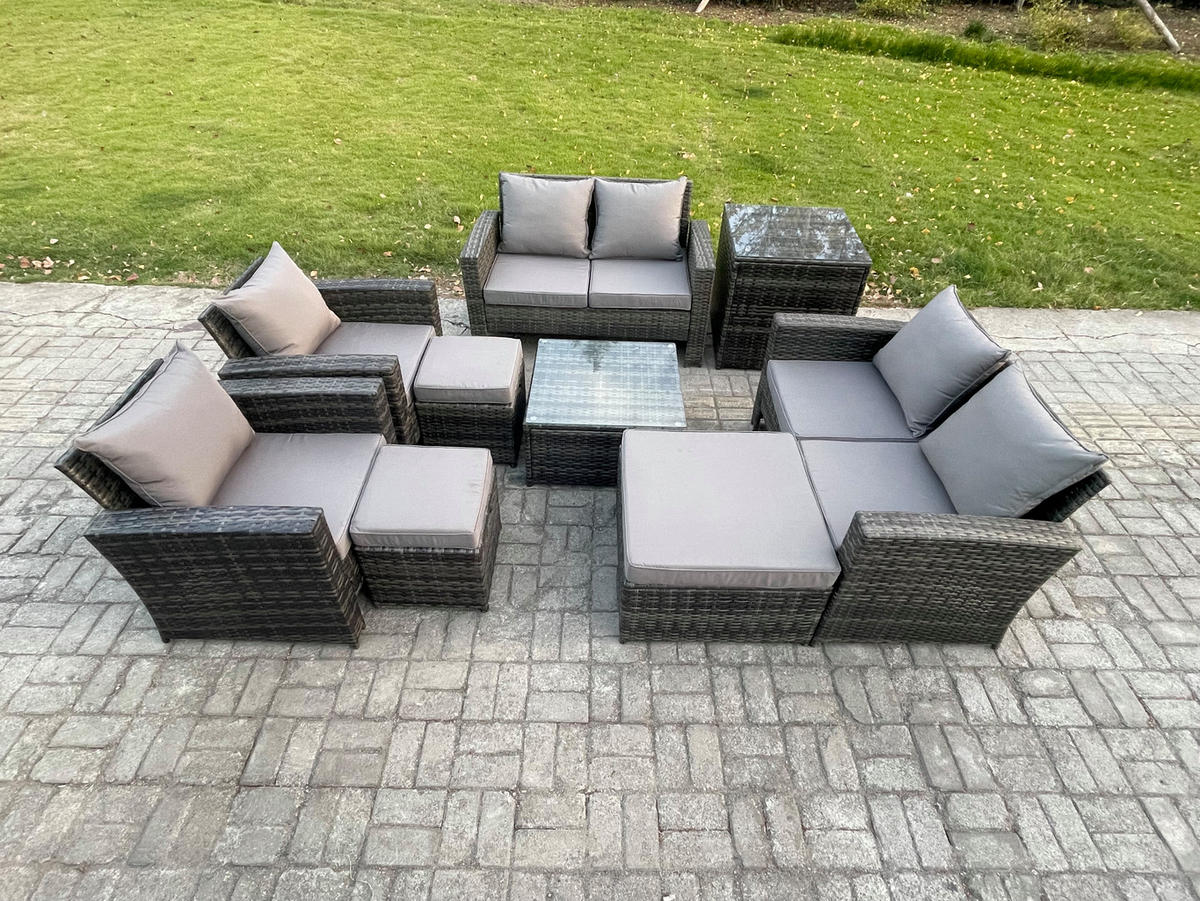 GARTENMÖBELSET Polyrattan Dunkelgrau 9-Sitzer - Dunkelgrau, Metall - Fimous
