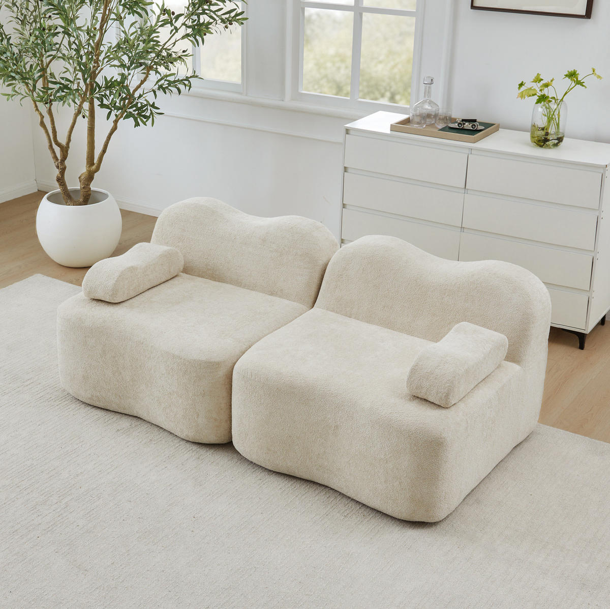 MODULARES 2-Sitzer-Sofa mit Wellenform, tiefer Sitzfläche und beweglichem Armlehnenkissen, Samt, Beige - Beige, Textil (192/70/98cm) - Redom