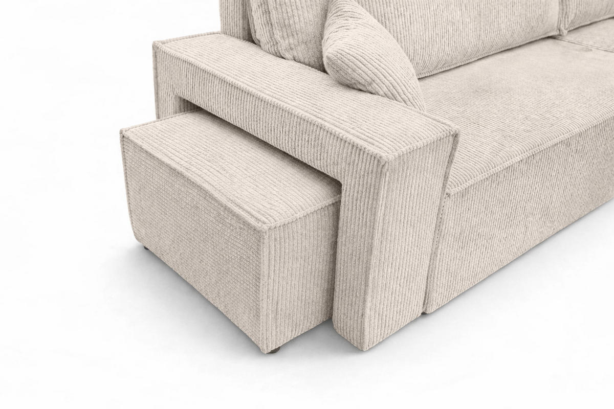 ECKSOFA Mit Schlaffunktion Und Pouf, Cordstoff Poso, Beige, Rechts, Best L Mit Pouf - Creme, Holz (244/145cm) - Kaiser Möbel