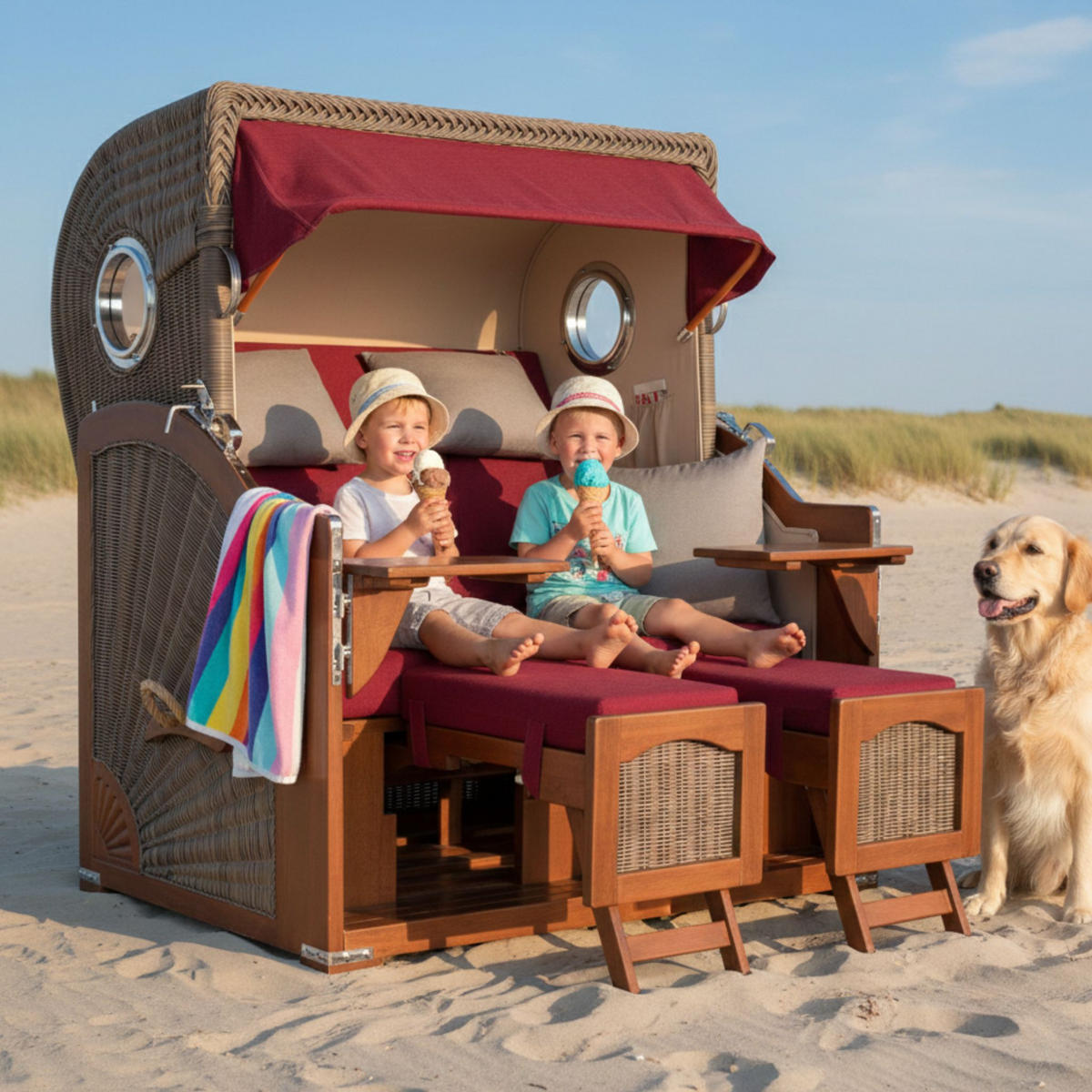 STRANDKORB XXL Düne Grande 2,5 Sitzer - Rot/Braun, Metall (142/170/95cm) - Mr. Deko