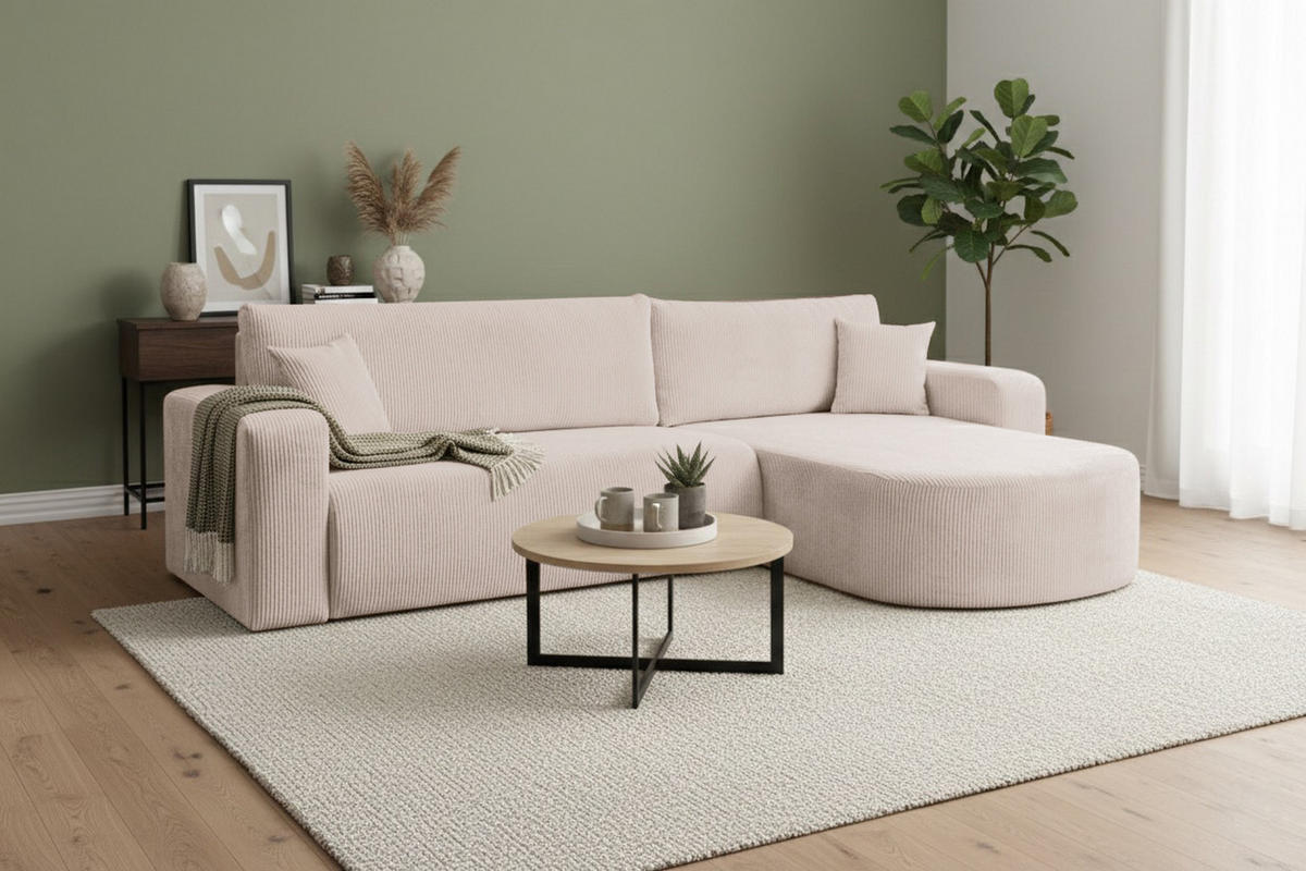 ECKSOFA TOKIO mit Schlaffunktion und Bettkasten, Farbe: Beige, Cordstoff, Ottomane Universal - Beige, Textil (275/170cm)