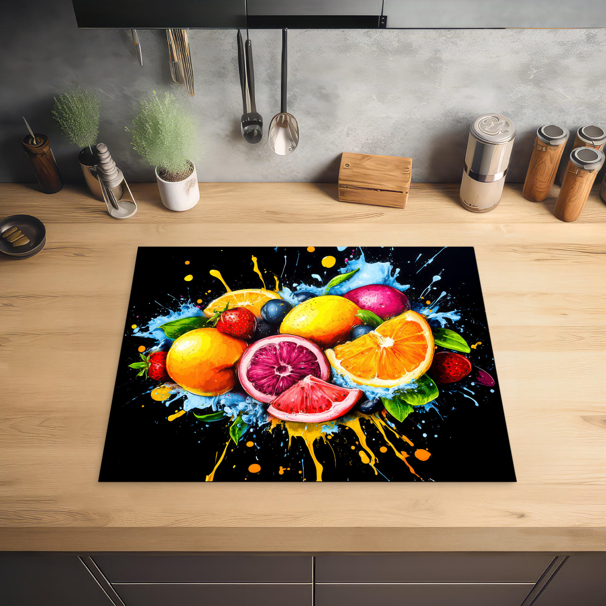 HERDABDECKPLATTE Obst - Graffiti - Bunt - Orange - Erdbeere - Abstrakt 65x52 cm - Orange, Kunststoff (65/0.2/52cm) - MuchoWow