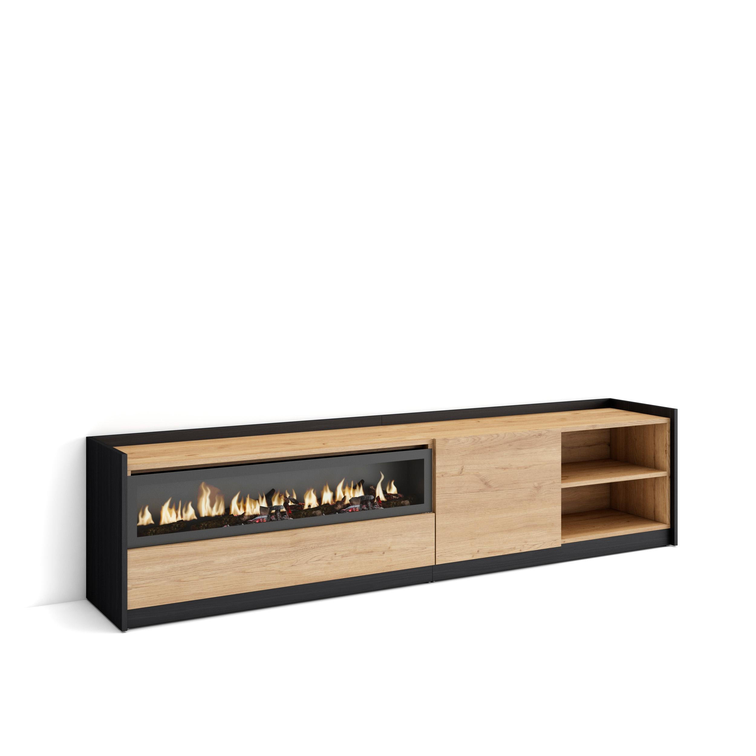 TV-SCHRANK, Lowboard, Eiche Schwarz, Elektrokamin, 207/37/50cm - Eichefarben, Holzwerkstoff (207/50/37cm) - Skraut Home