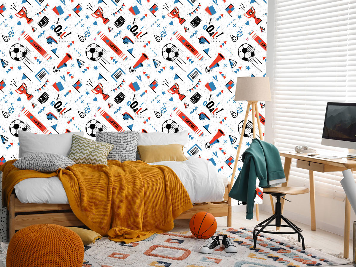 VLIESTAPETE Fußball, Pokale und Flaggen – Rot, Blau, Schwarz, Weiß – 50x1000 cm - Blau/Rot, Papier (50/1000cm) - Muralo