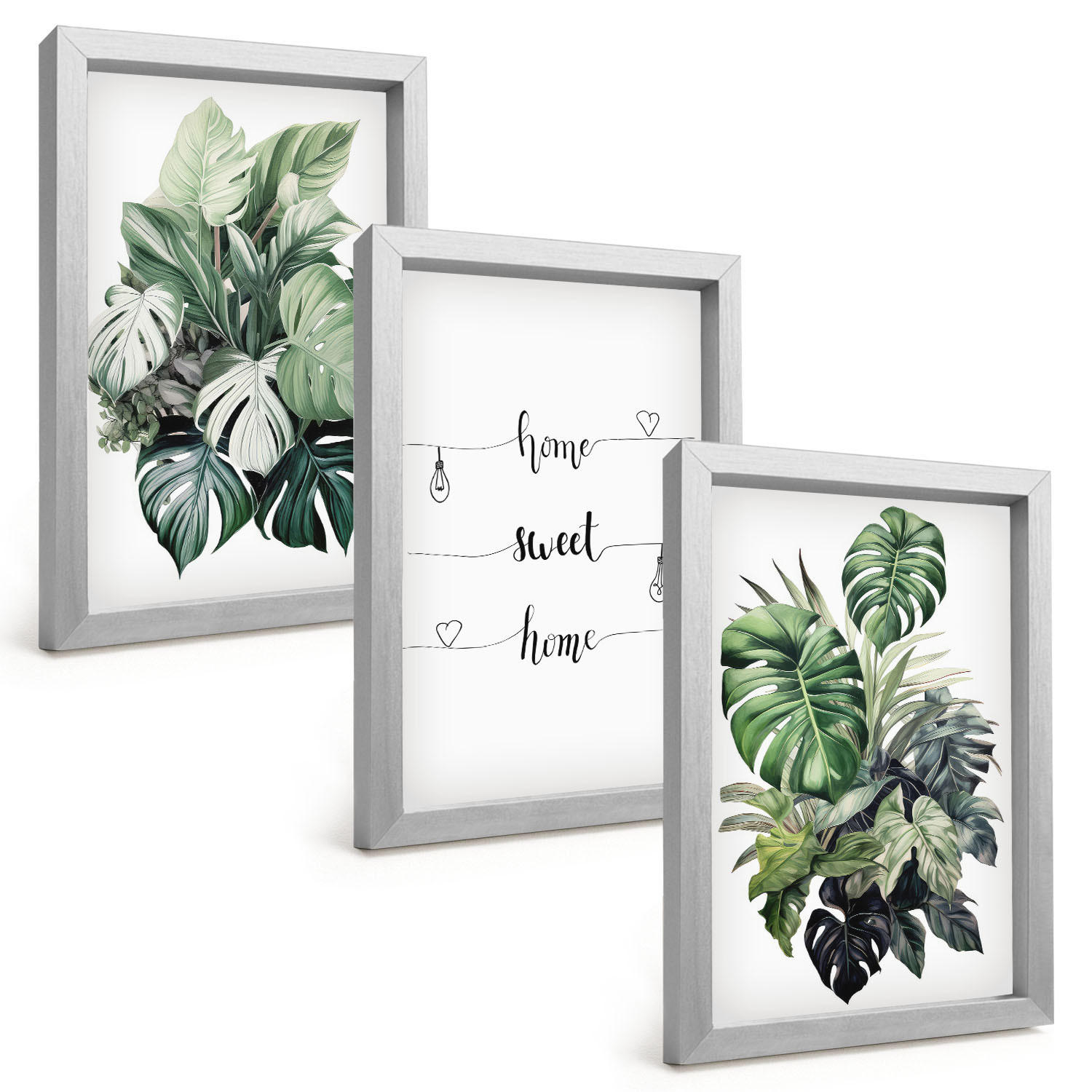 BILDER SET 3er Set - 20x30 cm Silberner Rahmen - Aquarell-Monstera-Blätter - Silberfarben, Kunststoff (20/30cm) - TULUP