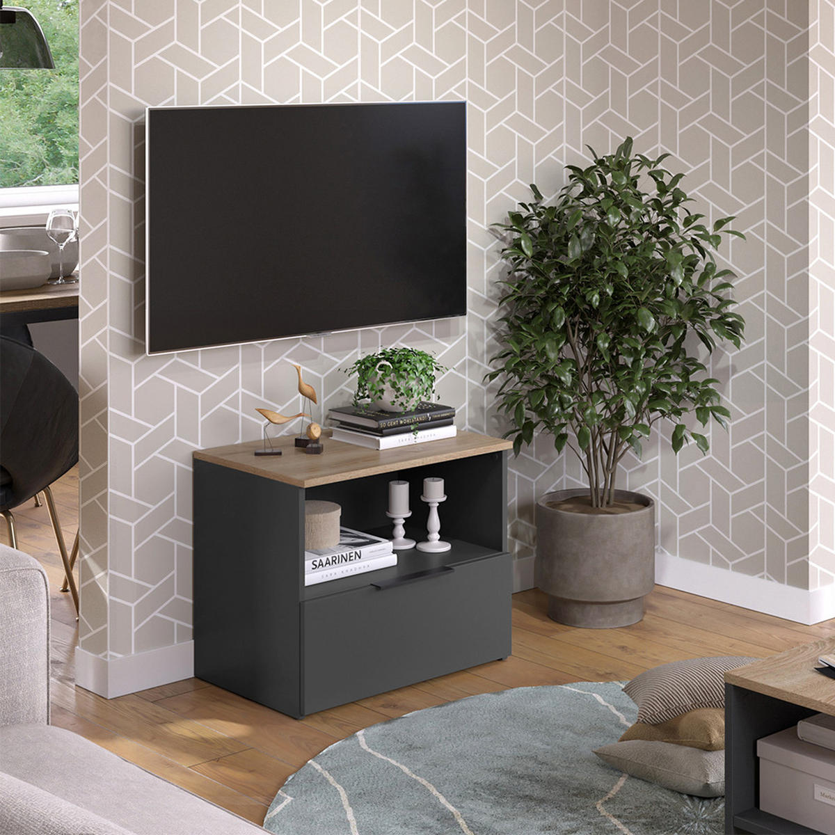 KOMMODE Wido Anthrazit/Sonoma 60 x 50 cm mit klappe - Anthrazit, Holzwerkstoff (60/50/40cm) - Vicco