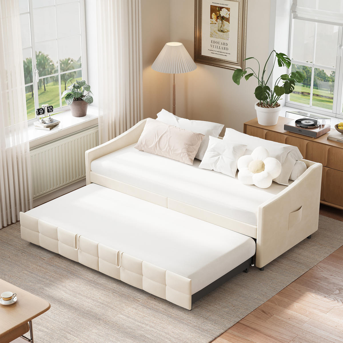 POLSTERBETT 90/200 cm Beige mit Ausziehbett - Beige, Metall (90/200cm) - EuroLiving