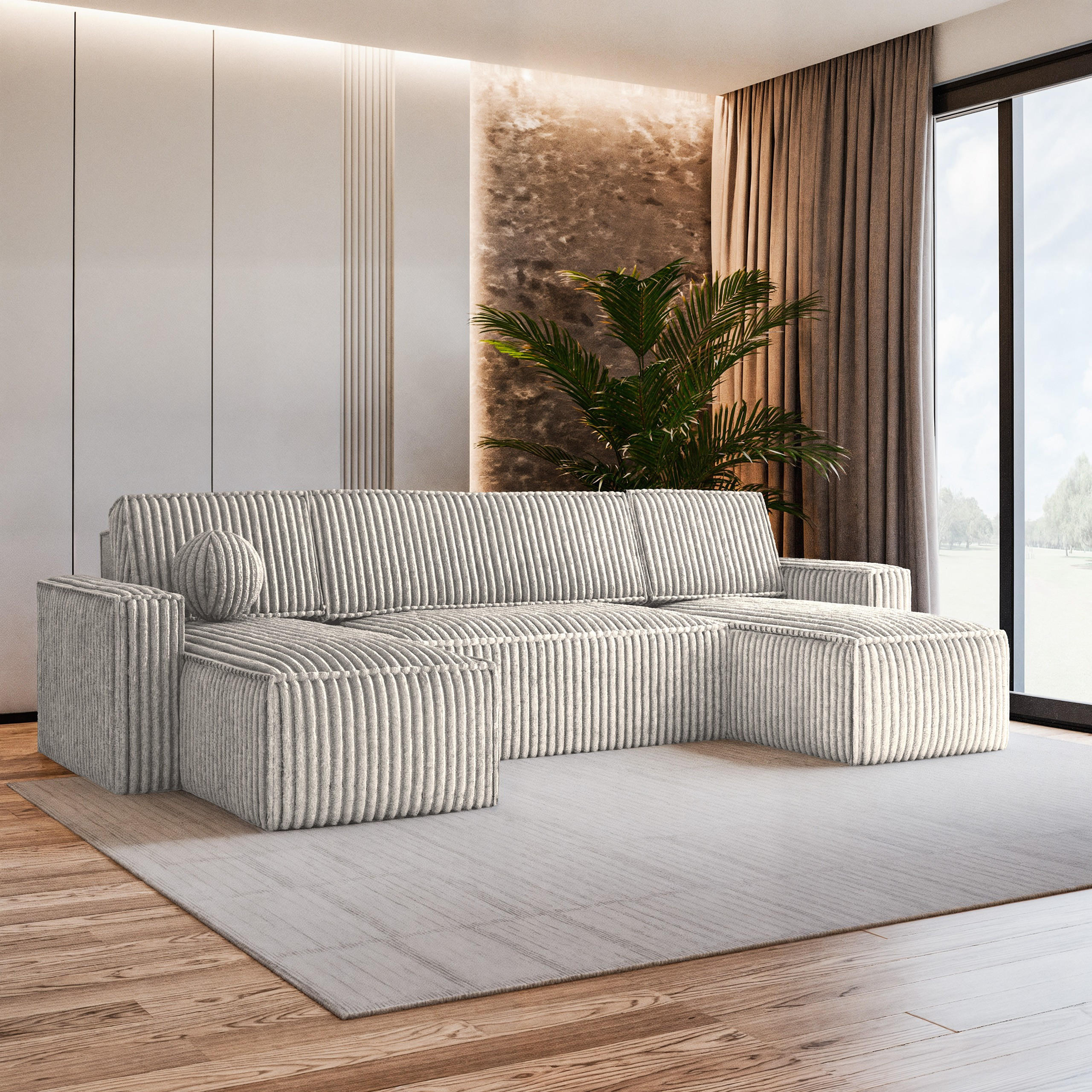 WOHNLANDSCHAFT PESANO T Hellgrau Kordstoff mit Schlaffunktion - Hellgrau, Holz (306/85/140cm) - MASSENO