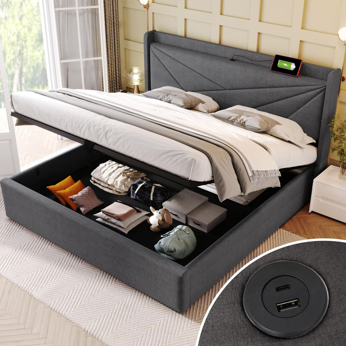 POLSTERBETT 180/200 cm Grau aus Baumwollleinen mit Bettkasten und USB Typ-C - Grau, Textil (180/200cm) - OKMYHOME
