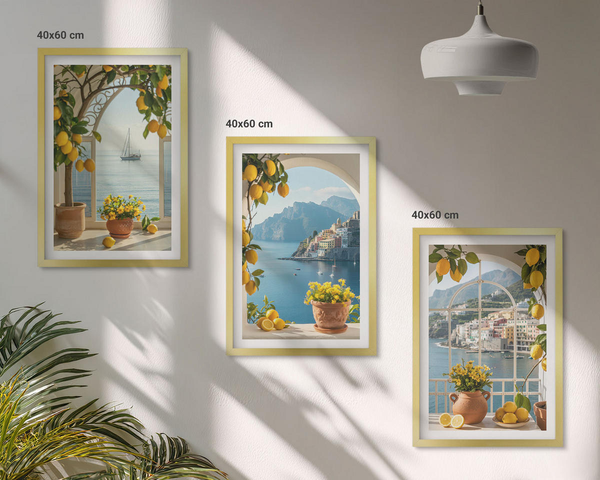WANDBILDER 3er Set - 40x60 cm Goldrahmen - Zitronenblumen aus der Küstenstadt - Goldfarben, Kunststoff (40/60cm) - ArtPrintCave