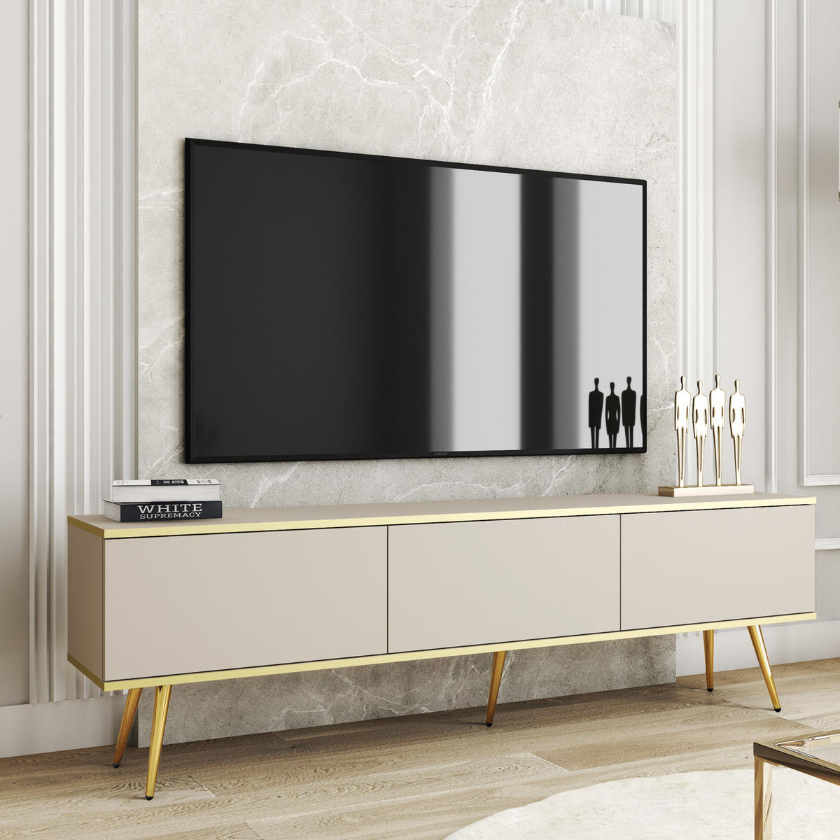 TV-LOWBOARD FORNO (Beige, Goldene Details, 3 Türen, goldene Metallfüße, 175 cm) - Gelb/Beige, Holz/Holzwerkstoff (175/53/32cm) - Ravio