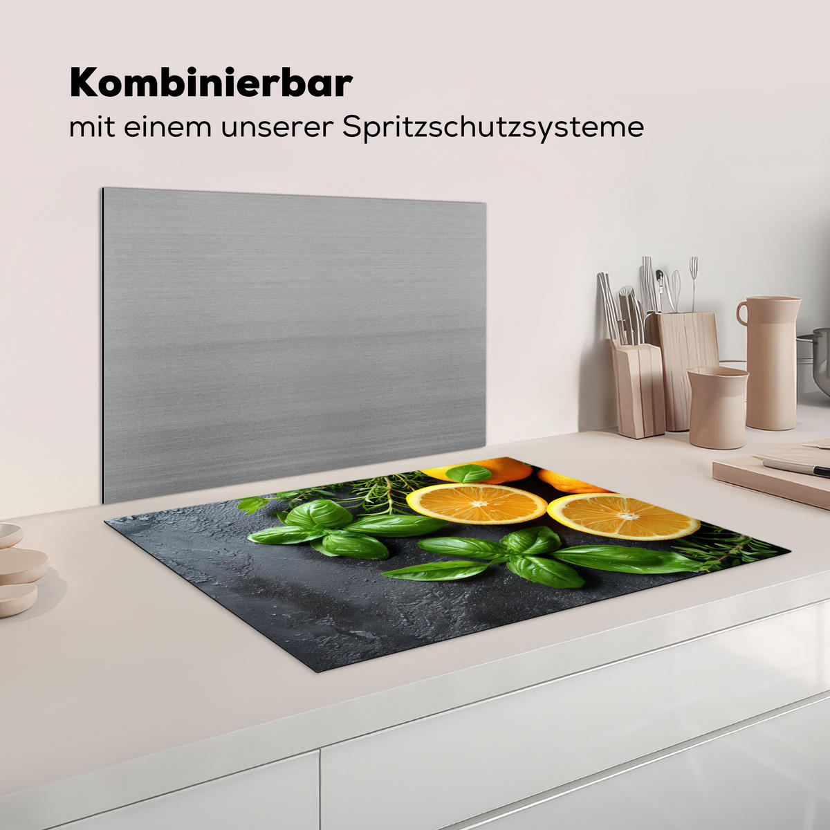 HERDABDECKPLATTE Obst - Grau - Konkret - Orange - Pflanzen Herdabdeckung Induktionsfeld 75x52 cm - Anthrazit, Kunststoff (75/52/0.2cm) - MuchoWow