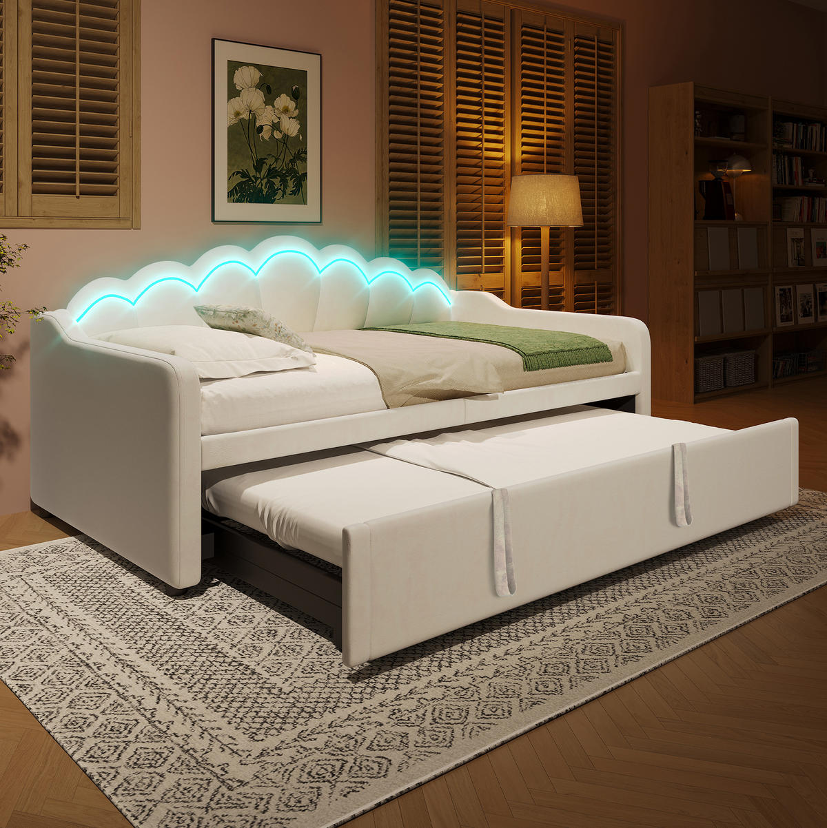 BETT 90/200 cm ausziehbar auf 180/200 cm mit Kopfteil und LED in Beige - Beige, Textil (90/200cm) - BEAOK